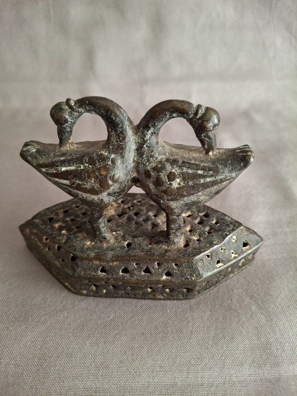Antique Brass Figural Geese 2.5"H Foot Scrubber Pierced Base Moghul Style India