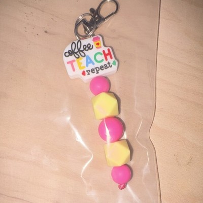 Beaded Key Chain Keyring Charm Women ''Coffee Teach Repeat'' Pink Yellow