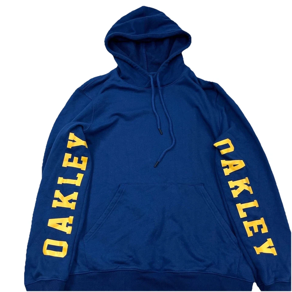 Moletom Oakley com capuz masculino XL azul amarelo suéter soletrar ajuste personalizado Y2K - Imagem 2 de 4
