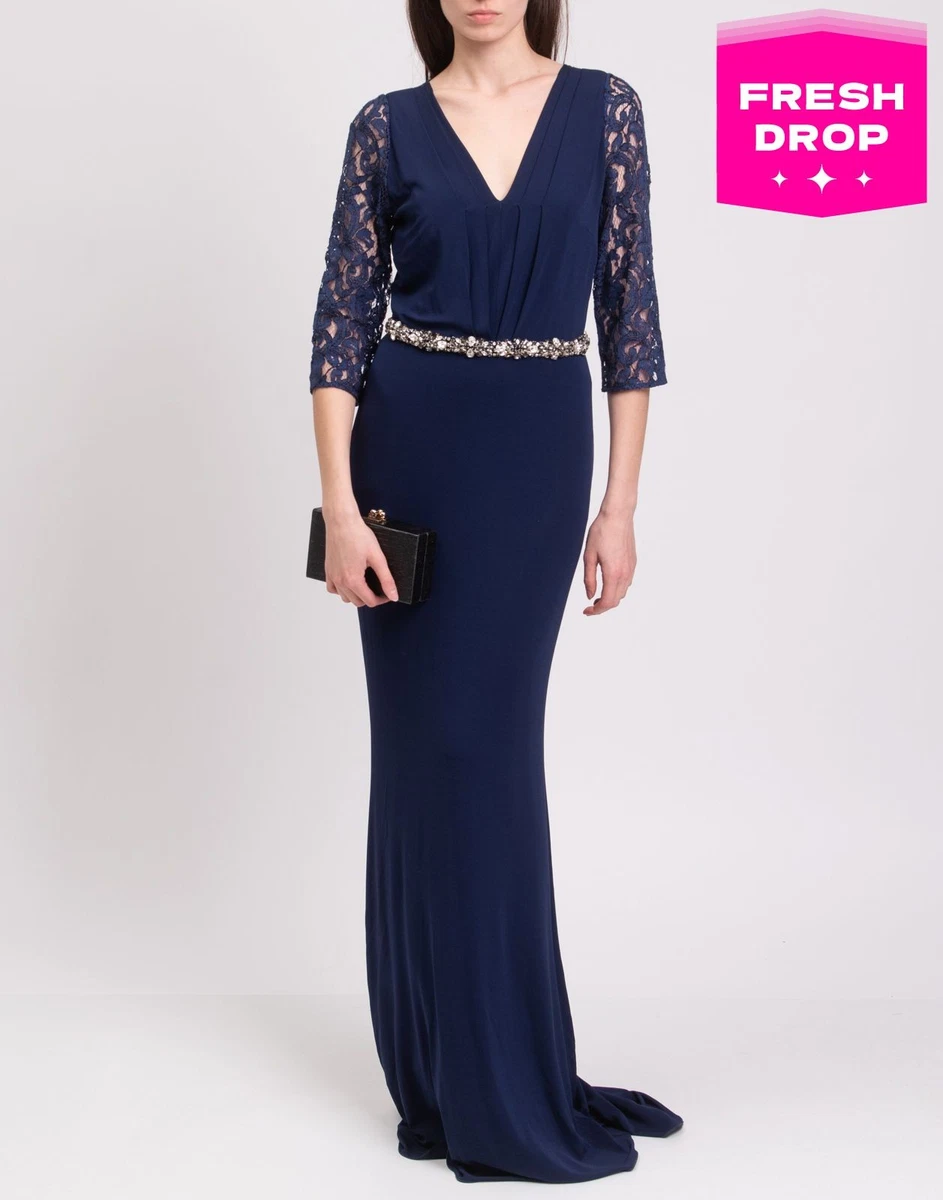 blue marine ruffled silk long dress A-line Blue Off-the-shoulder Long Prom Dresses Vintage Lace Formal Dre –  SELINADRESS