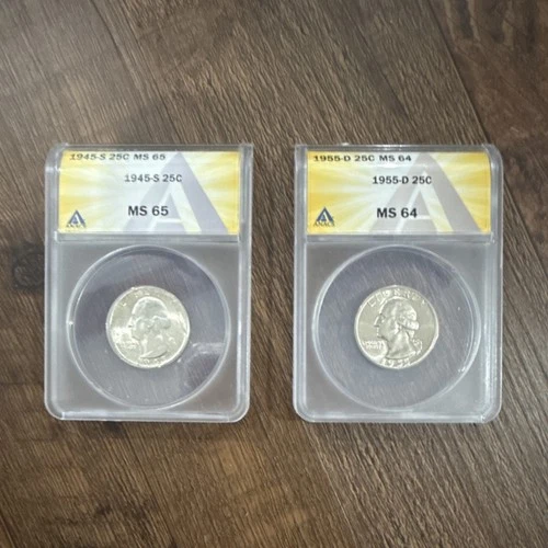 Washington Silver Quarters 1945-S MS65 & 1955-D MS64 ANACS Certified 25C Unc