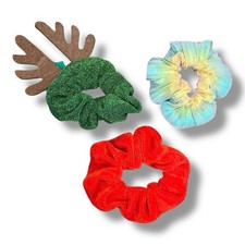 Vintage Set Of 3 Hair Ties Scrunchy Holiday Red Green Iridescent 90s Retro