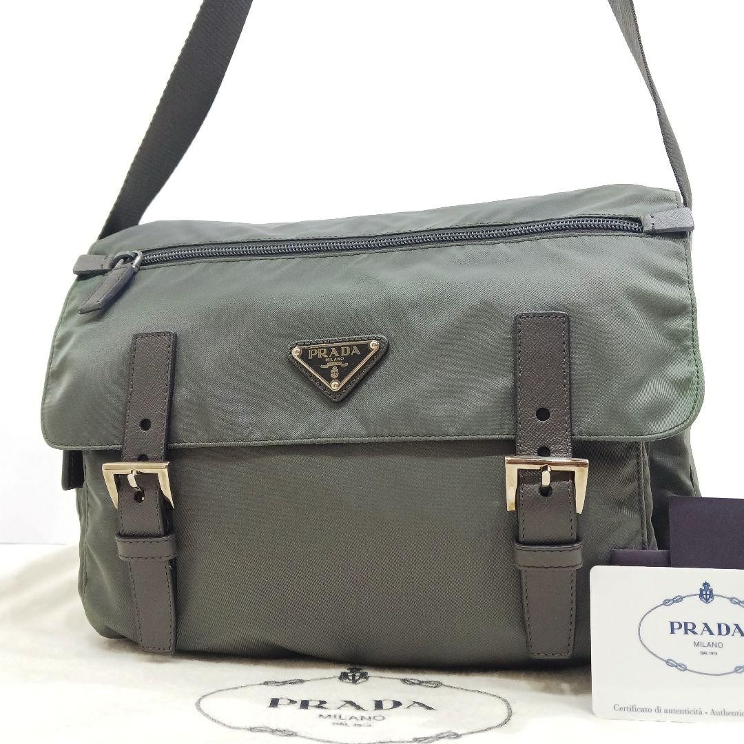 バッグ 00s Prada messenger bag archive green PRADA Messenger Bag Crossbody Leather Nylon Khaki Gray Excellent