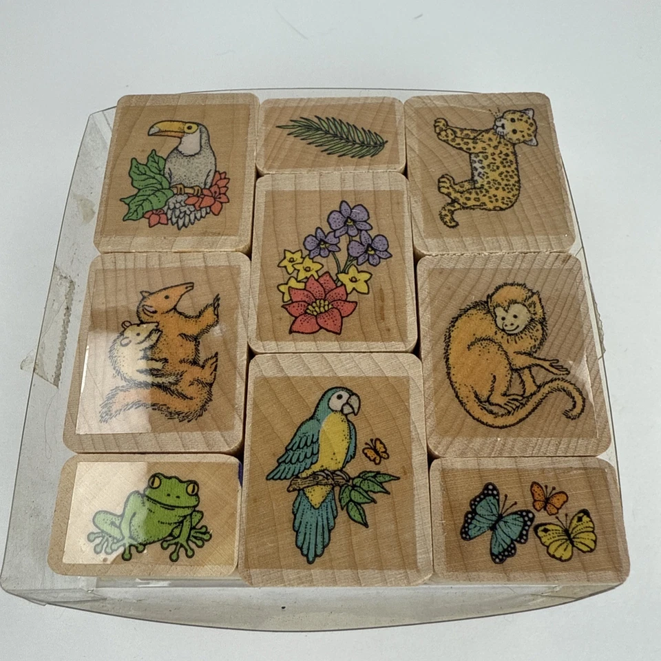 Conjunto de carimbo de borracha vintage Hero Arts floresta tropical montagem em madeira 1991 9 peças  - Imagem 4 de 4