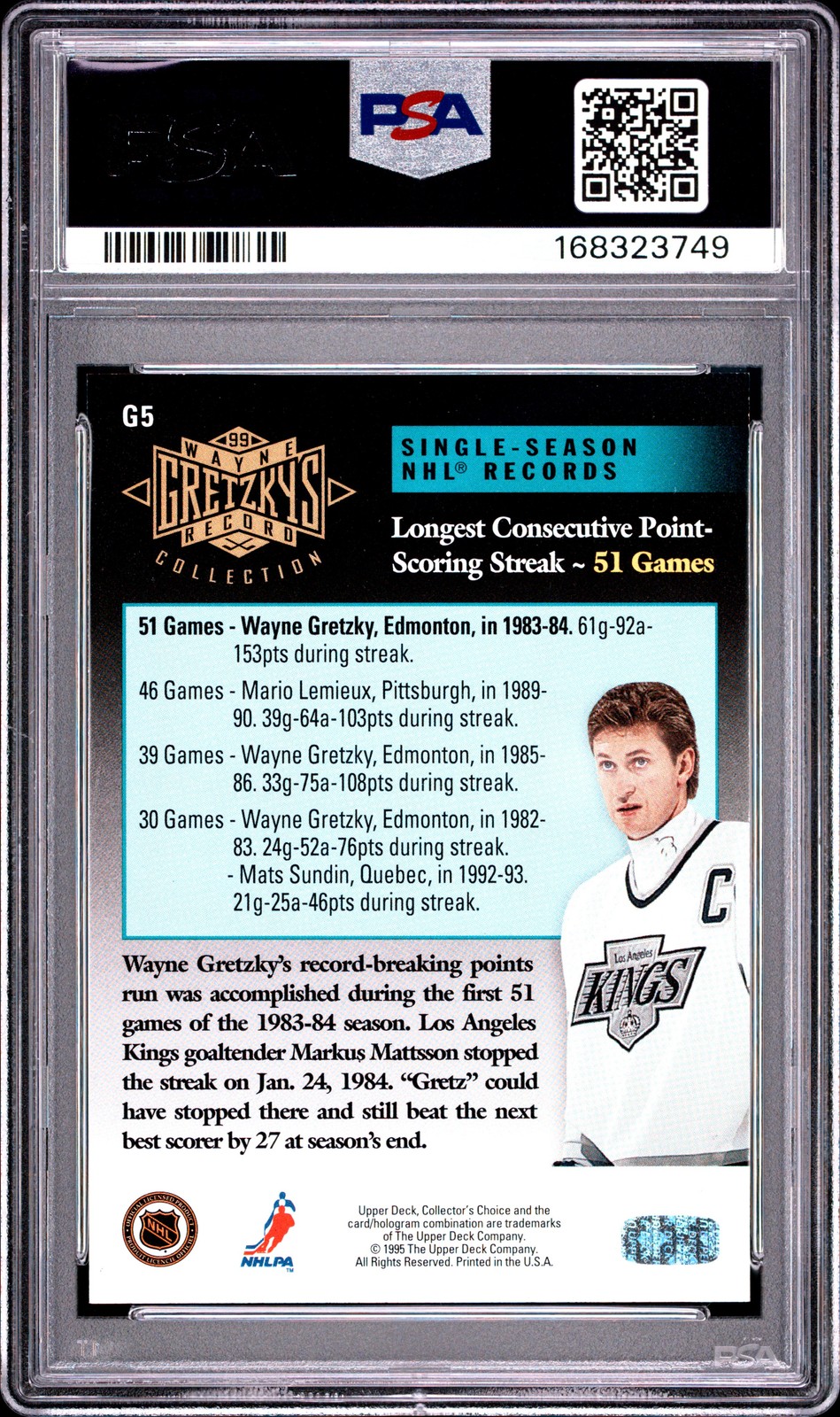 1995 UD WAYNE GRETZKY LONGEST CONSECUTIVE POINT #G5 WAYNE GRETZKY PSA 7 view 2