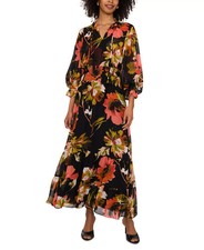 Vince Camuto Women's Floral-Printed Smocked-Waist Maxi Dress Coral Black L