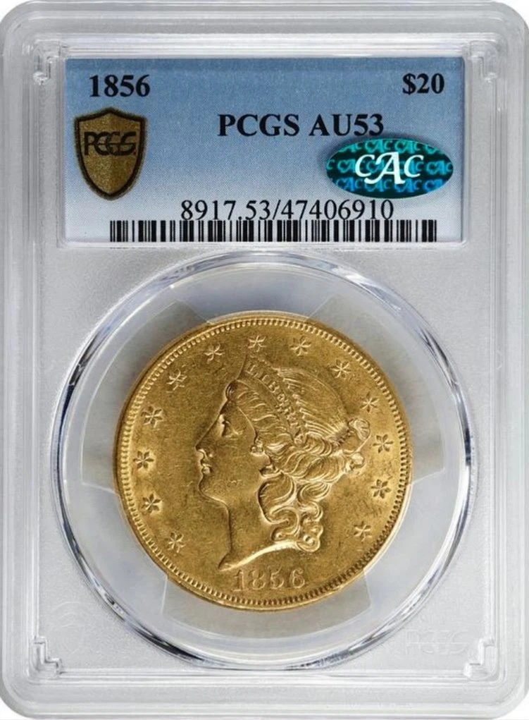 1856 $20 GOLD LIBERTY DOUBLE EAGLE PCGS AU 53 CAC
