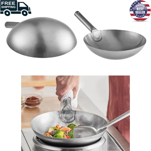 12" Carbon Steel Wok Pan Long Handle Durable Round Bottom Stir Fry Cooking NEW