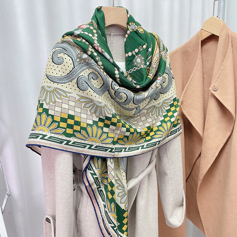 New Spring Boutique Double Sided Silk & Wool Shawl Large Scarf Wrap Printed 53`