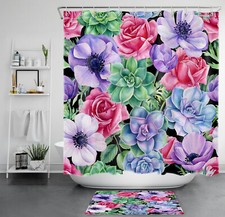Rustic Pink Flower Green Succulent Black Shower Curtain Set for Bathroom Decor