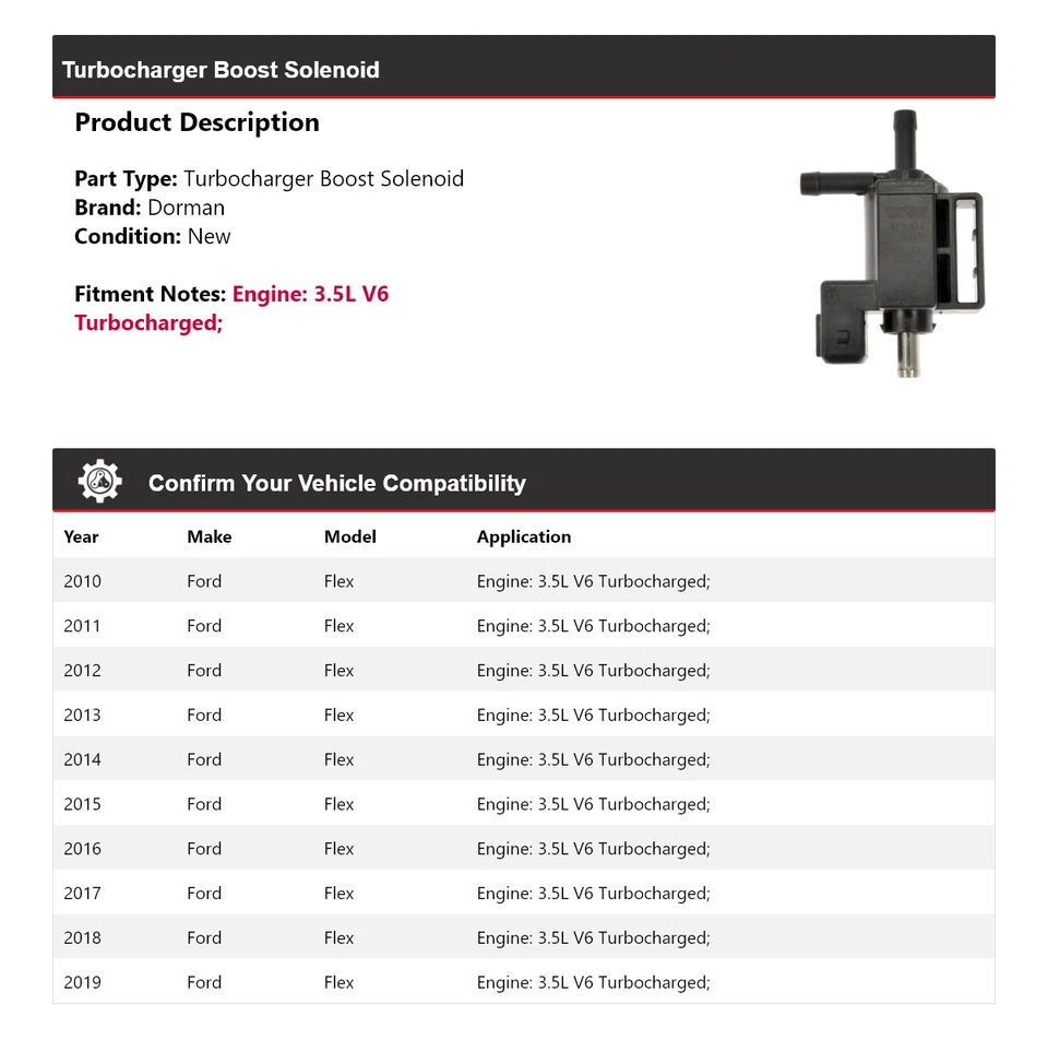 Para Ford Flex 2010-2019 3,5 L V6 turboalimentado Dorman turbocompresor Boost solenoide Foto 2 de 4