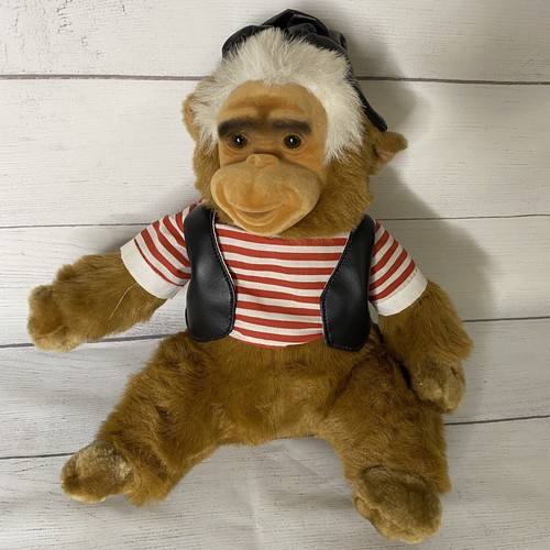 Vintage Biker Monkey Plush Flocked Face with Faux Leather Jacket and Hat ACMI - 第 1/9 張圖片