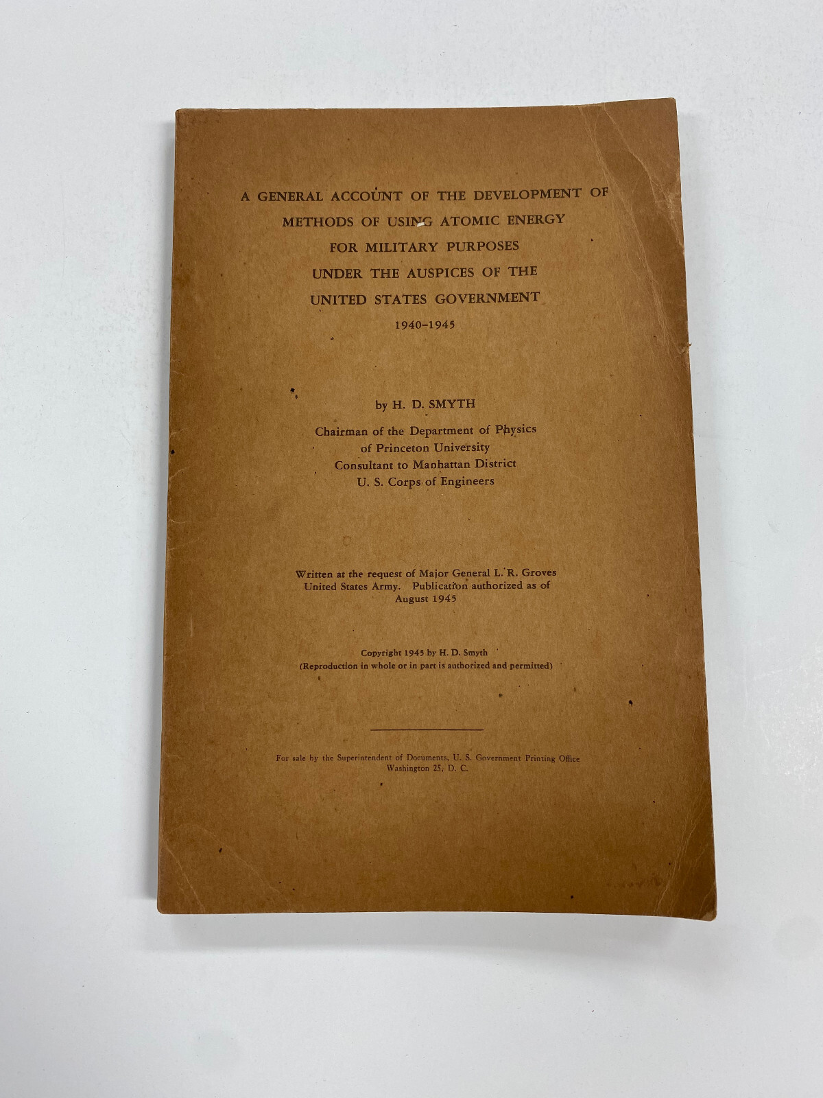 OAG) H.D. Smyth General Account Atomic Energy Nuclear Bomb Los Alamos 1945 PB-image