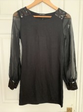Qed London S/M Black Sequin Cuff Sheer Chiffon Sleeve Bodycon Mini Dress BNWT