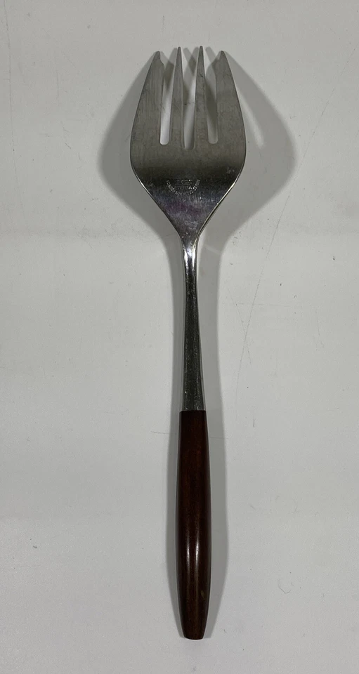 "Tenedor grande para servir MCM Mid Century Ekco Eterna mango de madera acero inoxidable 9""" Foto 4 de 4