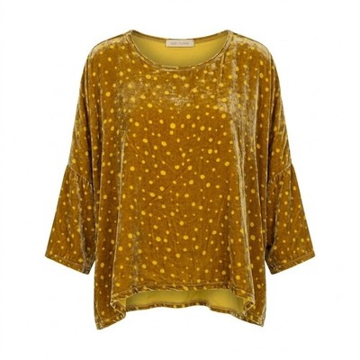 Cut Loose Chartreuse Silk Blend Velvet Polka Dot Bell Sleeve Top One Size