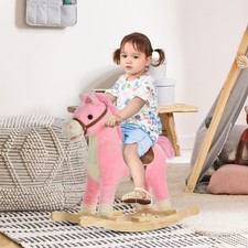 Rocking Horse Plush Animal on Wooden Rockers with Sounds Wooden Base Pink