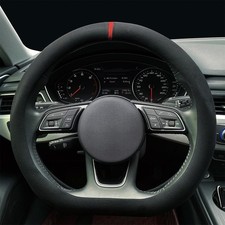 Suede Steering Wheel Cover Non-Slip Leather Interior Fitting Black red lable 