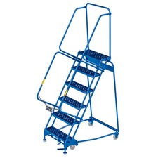 Global Industrial 6 Step Steel Rolling Ladder with 24"W Perforated Step Blue
