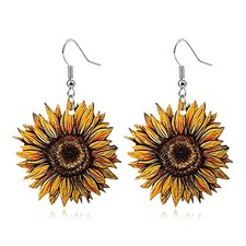 Unique Simple Handmade Wooden Sunflower Daisy Flower Yellow Sunflowers Earrings