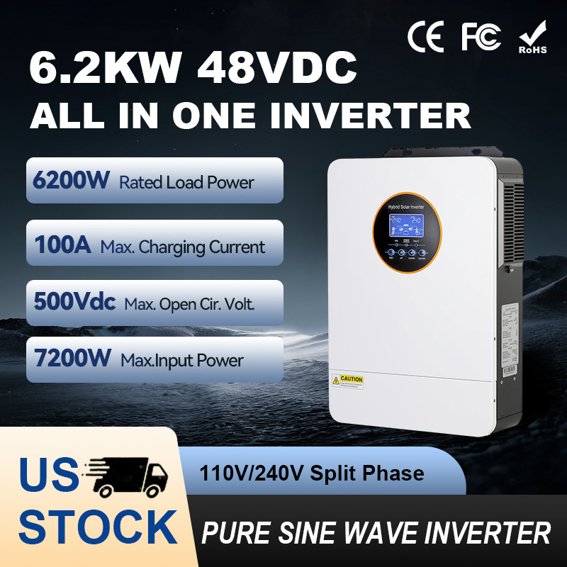 6200W Solar Hybrid Inverter 48V DC-110V/220V AC Split Phase Off-Grid Controller. Available Now for $259.99
