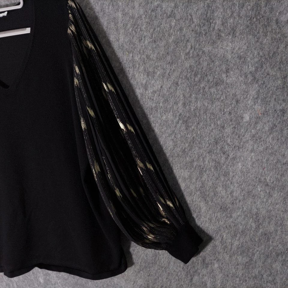 Chicos Tunic 2 Large Black V Neck Sweater Knit Metallic Gold balloon Sleeves - Image 4 of 4