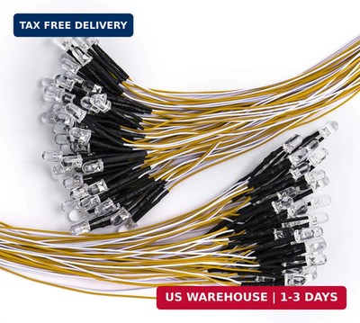 DiCUNO 100Pcs 5MM Pre Wired 12V Warm White LED Diodes, 9.4 Inch/24CM Ultra Brigh