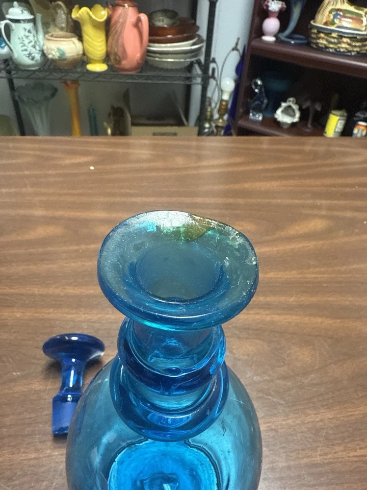 "Decantador de vidrio artístico azul cobalto vintage con tapón Pontil soplado a mano 10"" LEER Foto 3 de 3