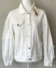 NWT SAVANNAH JANE Denim Jacket / Coat Distressed Embellished Sleeves White Wms M