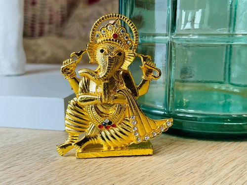 LORD GANESHA GANESH GANPATI HINDU GOD METAL STATUE RARE GOLDEN ANTIQUE WITH GEMS - Picture 3 of 5