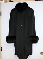 Anpel Ladies %100 Viscose Black Wool Coat With Black Cat Hynx & Fox Fur Trim