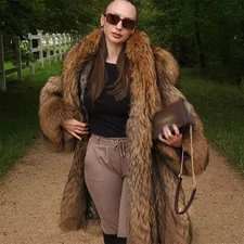 Luxury Women Genuine Raccoon Fluffy Fur Coat Jacket Real Fur Thick Warm Overcoat