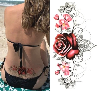 Chest Underboob Red Rose Womens Temporary Tattoo Fake Sticker Tattoos Leg Back