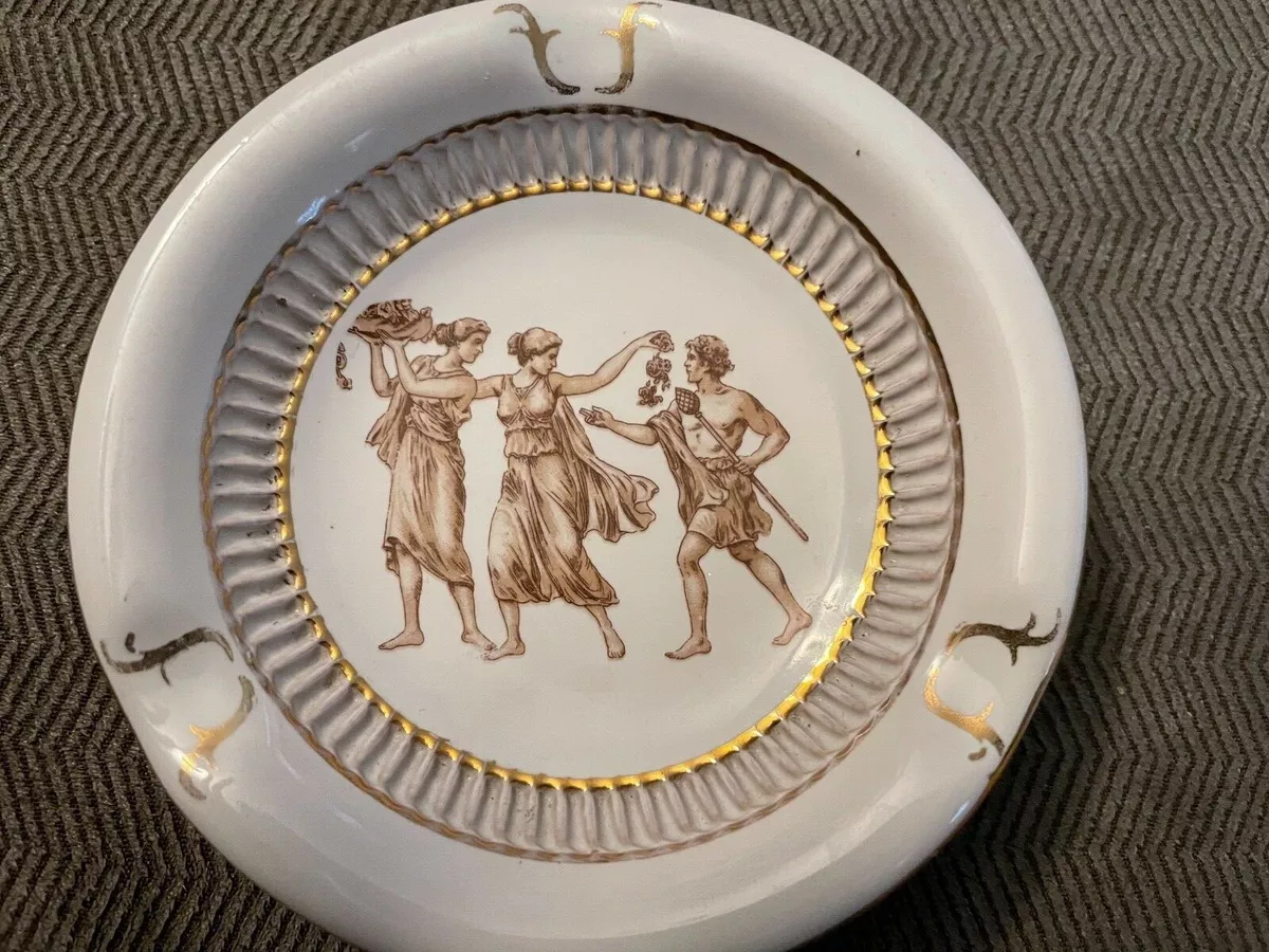 Vtg Shetland Ashtray Gold Gilt Italy Romans 975 White