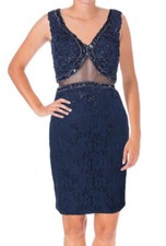 JVN by JOVANI ~ Navy Beaded Lace V-Neck Illusion Sheath Party Dress 4 NEW $378