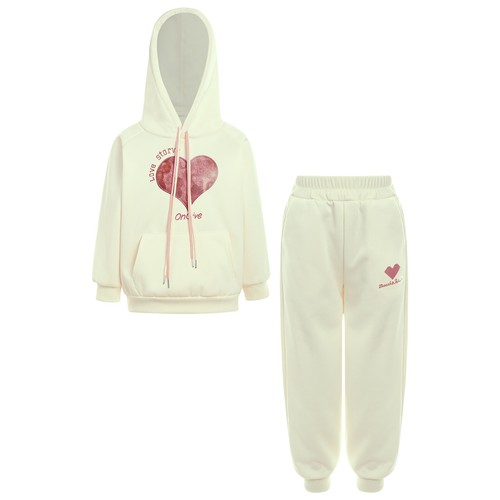 Kids Girls Tracksuit Heart Print Hooded Outfit Sweatpants Running Sweatshirt - Picture 11 of 36