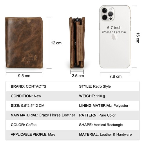 Men's Crazy Horse Leather Wallet Purse Photo 9 Credit Card Holder Zipper Closure - Picture 5 of 8