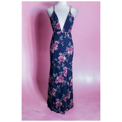 Fame and Partners NWT $279 Blue Pink Floral Gown Maxi Dress Plunging V-Neck 