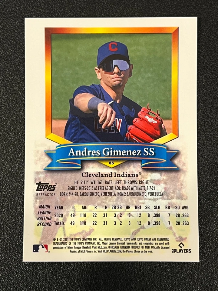 Andres Gimenez 2021 Topps Finest Flashbacks Rookie Refractor Guardians 85 - Image 2 of 2