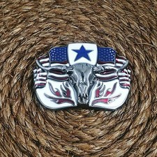 NEW USA FLAG SILVER LONGHORN BULL METAL BUCKLE COWBOY WESTERN HEBILLA 104