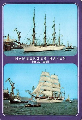 Old postcard Hamburg port 2 sailing ships 1983 used postcard me1474j