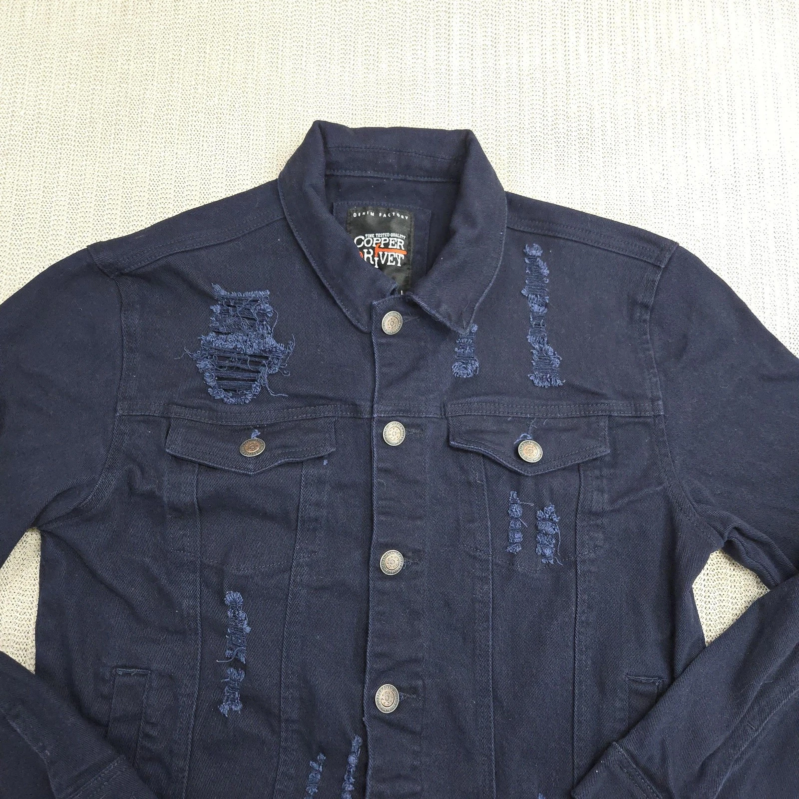 Copper Rivet Jacket Mens Large Blue Denim Distressed Trucker Button Front image 3