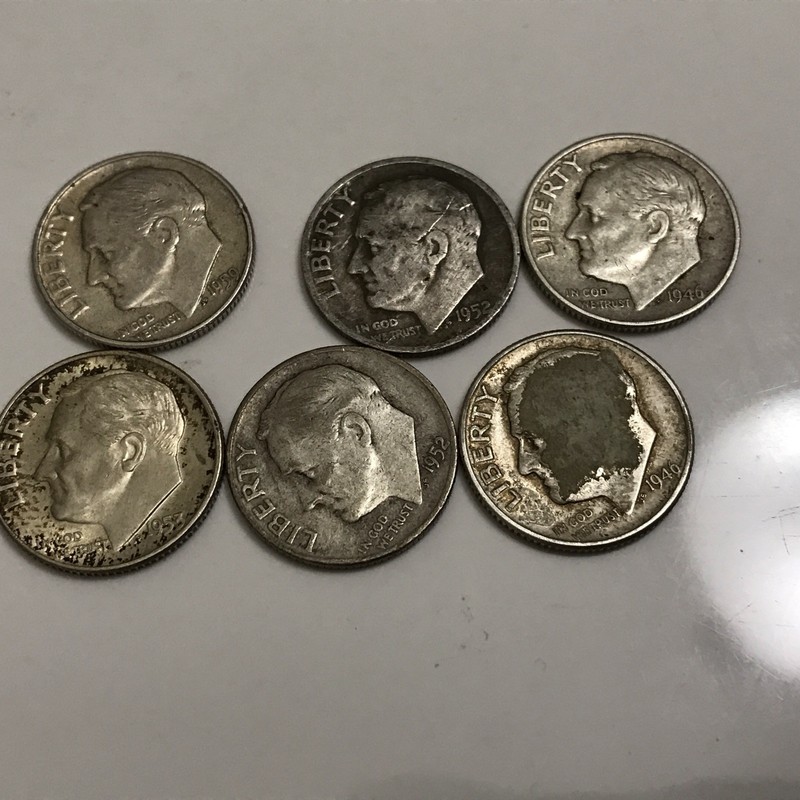 MIXED Lot of NINE 6 CIRCULATED Roosevelt 90% Silver Dimes, 5 Mercury Silver Dime