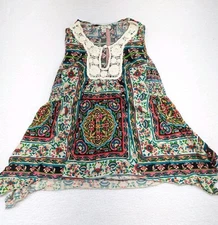 NWT Unity World Wear Women's Boho Stones Petal Lace Accent Tunic Top Dress L