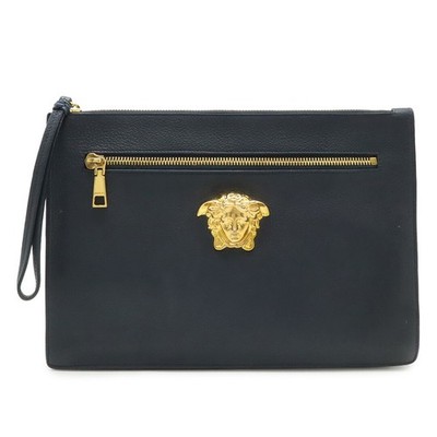 Versace Medusa Leather Clutch Bag Navy Black Gold Hardware Zip Pouch Party