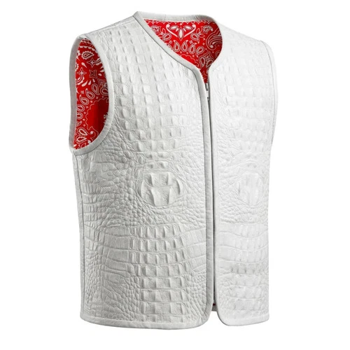 White Men’s Leather Red Paisley Lining Motorcycle Vest Conceal Carry Biker