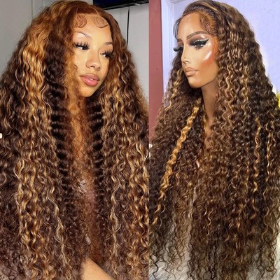 200 Density Highlight Ombre Deep Wave Lace Front Wigs Human Hair Pre  Plucked