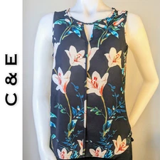 C & E Sleeveless Blouse Small Black Pink Tropical Floral V-Neck Cottagecore 