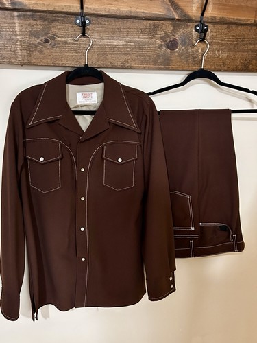 Vintage Farah Time Out West Poly Leisure Pants Suit Set Brown Pearl Snap L/XL - Picture 20 of 20