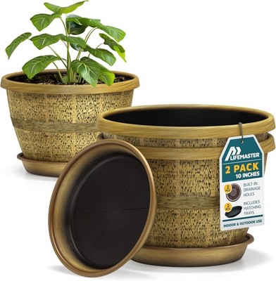10-Inch Whiskey Barrel Planters Outdoor Pack of 2 - Durable Plastic Plant Pots